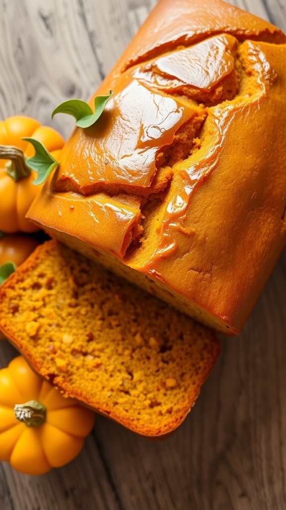 Pumpkin-Shaped Yeast Bread Recipe A golden pumpkin-shaped bread loaf on a wooden table, garnished with leaves and a small pumpkin.